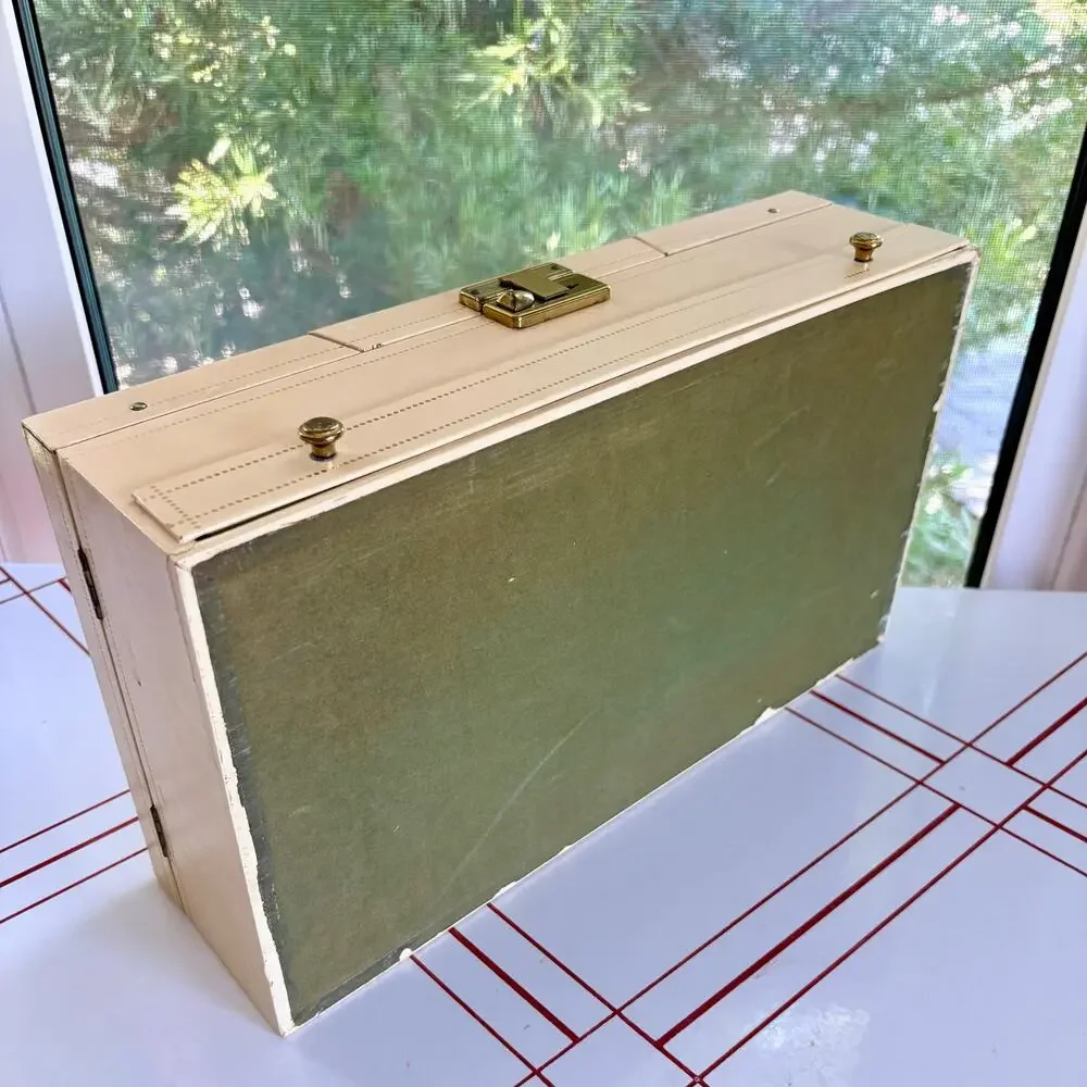 Large Vintage 1960s Cantilever Jewelry Box Red Velvet Mirror Ivory Vanity